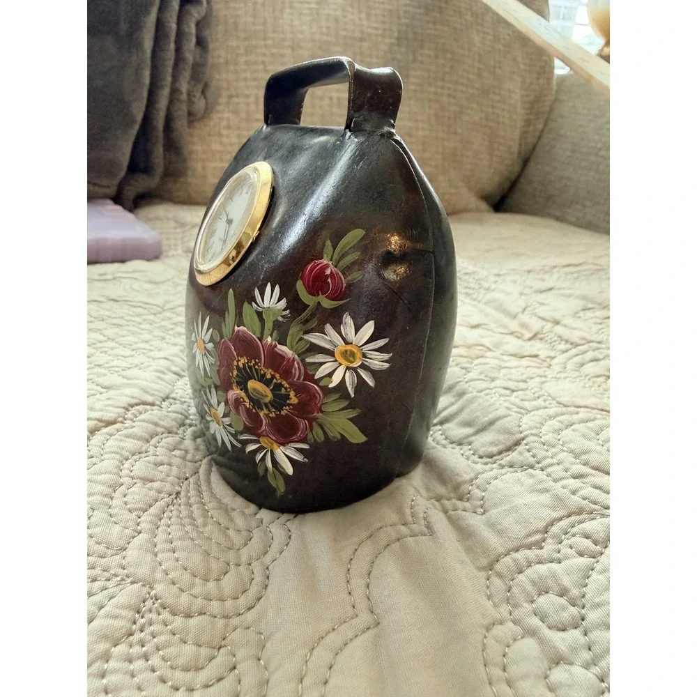 VTG Handpainted Folk Art Floral Metal Cow Bell W/ Faux Clock